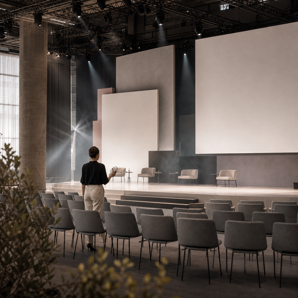 An event producer reviewing a staged auditorium before guests arrive