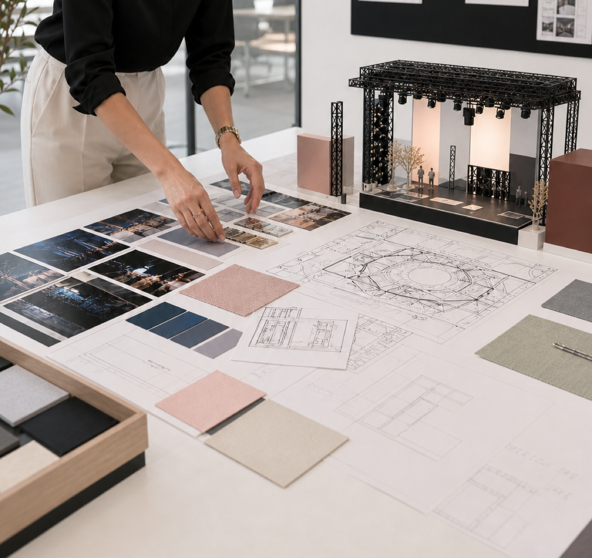 Event producer arranging plans and materials beside a detailed stage model