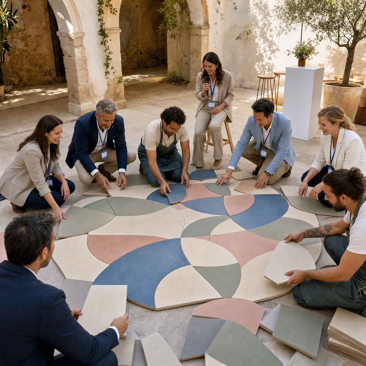 Corporate delegates and local artisans creating a mosaic together