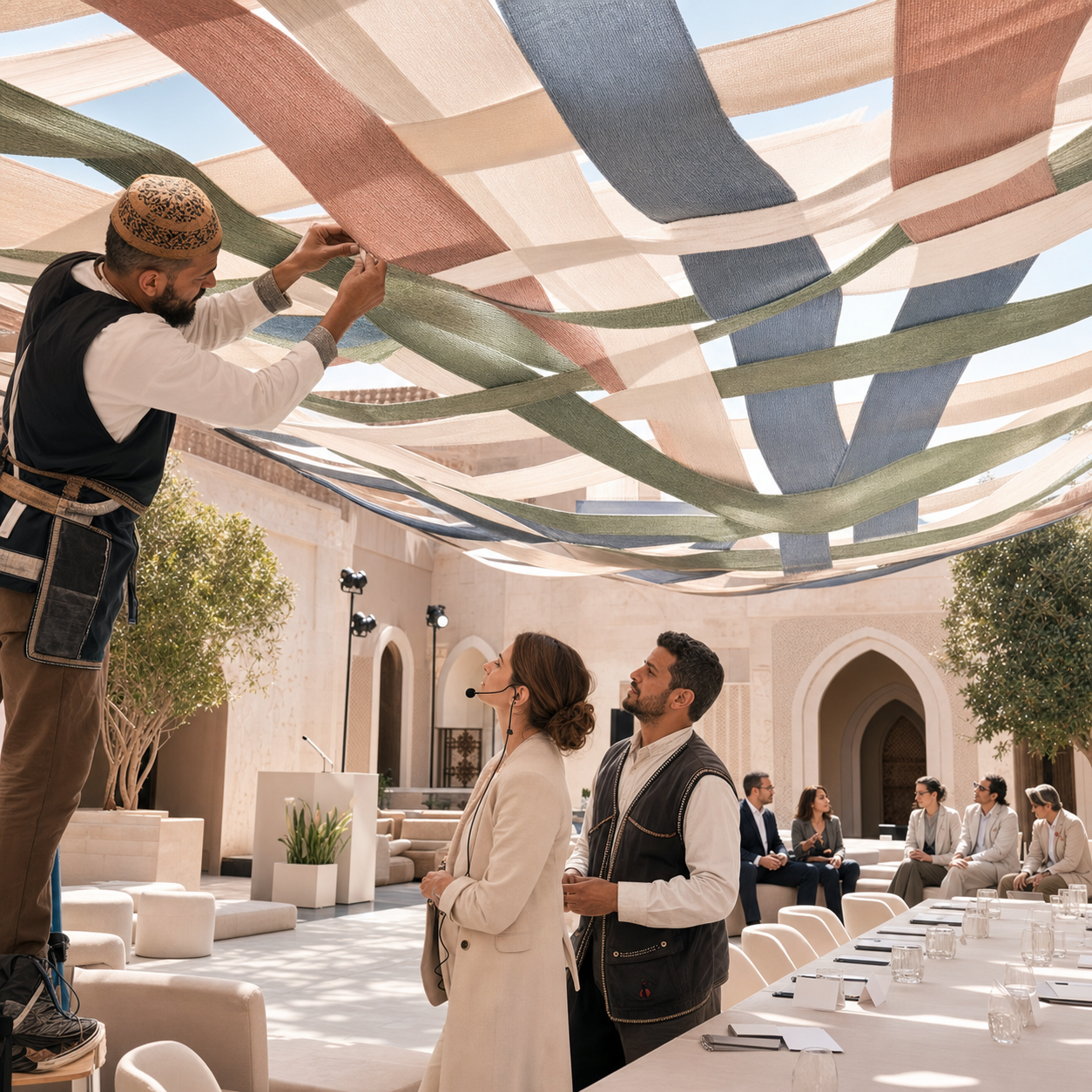An event team installing a woven canopy for an international outdoor experience